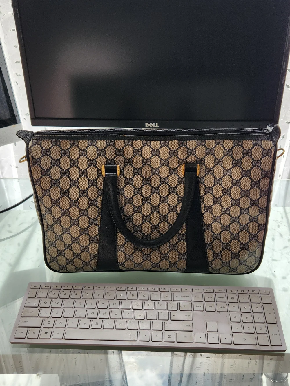 Gucci Beige GG Canvas Tote Bag with Black Trim